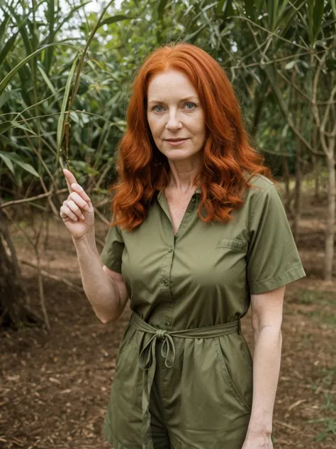 portrait, her name is Mia, high quality, 1 old woman, ((40-year-old guitar-shaped body irish woman)), (((40 years old))), wide hips, (((red hair))), (pale skin), ((green eyes)), she is wearing tan safari romper, dynamic pose, BREAK, BACKGROUND: outdoor: At...