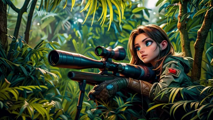 a beautiful sniper in the forest, animal sniper, highly detailed portrait, beautiful detailed eyes, beautiful detailed lips, ext...