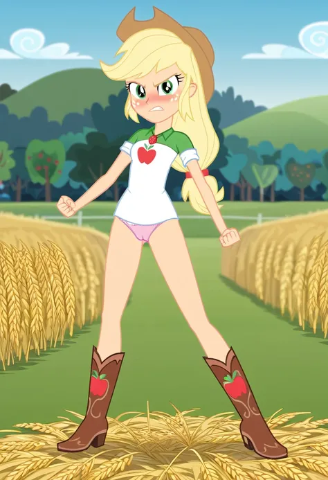 (masterpiece, best quality:1.2), full body,solo,1girl,applejack from equestria girls ,looking at viewer,low-tied long hair,cowboy hat,shirt,wheat field,vector trace, cowboy boots, (pink panties, cameltoe), ((angry, blushing, clenching fists, standing)) ,no...