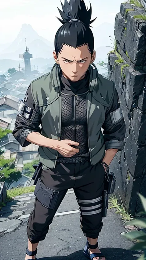 In the manga series "NARUTO" a man named "Sikamaru" with his trademark hairstyle tied back, is STANDING TIGHT on top of a tower and WHILE holding a long katana. The character wears a gray jacket with rolled up sleeves, a mesh undershirt, and dark pants. Th...