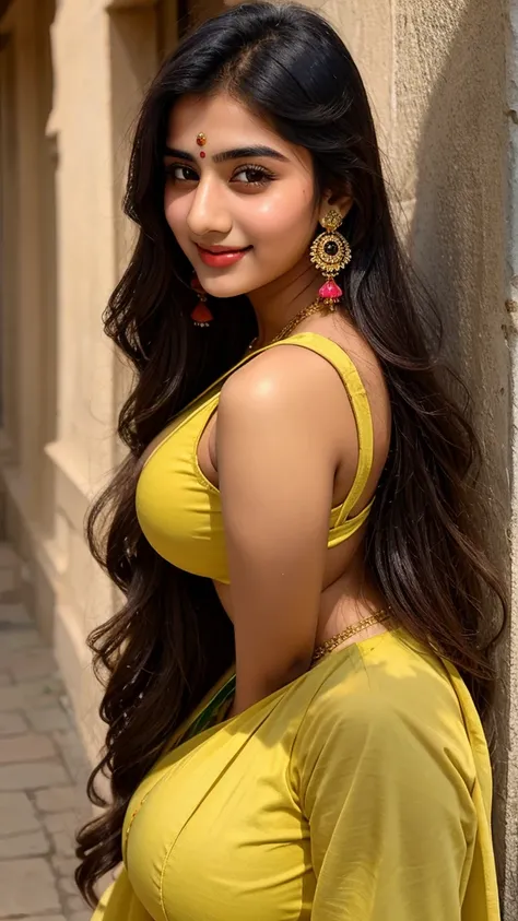 beautiful cute young attractive Pakistani teenage girl, village girl, 18 years old, cute, Instagram model, long black_hair, colorful hair, indian, huge big breasts, little smiling, smooth face very realistic