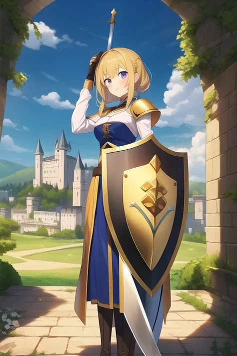 anime girl in golden armor with a sword and shield who is 20 years old in a medieval landscape with the shield raised and a castle in the distance