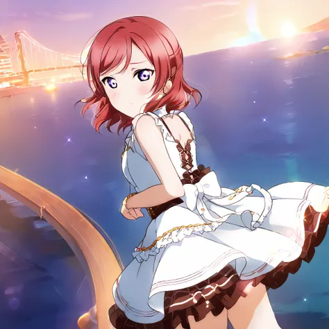 Highest quality、masterpiece、Maki Nishikino、Purple Eyes、Red Hair、Embarrassed face、Looking back、Arms folded behind back、sunset、cruising、dress、Sparkling、Ocean