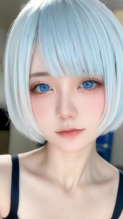 Beautiful and fair、Glowing Skin, 3 Up, Nice, bright, Refreshing and gentle look, Perfect beautiful face、Silver short hair，Silver Hair, Beautiful shiny bangs, Very beautiful 17 year old girl, eyeliner, so perfect and beautiful、Nice big, clear, Sky blue eyes...