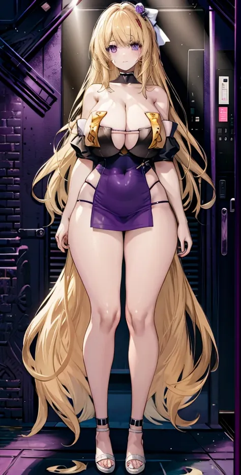 girl，large breasts，long hair，topless，bow，blonde hair, purple eyes, cleavage，large breasts