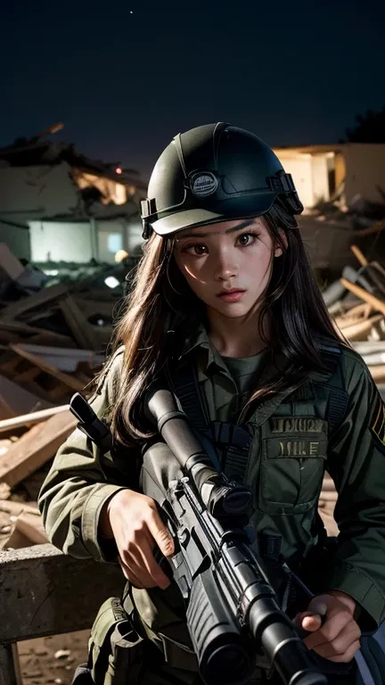 high quality, High-resolution images, Full HD、8k.A girl with long straight hair、He is wearing a US military uniform and a helmet pulled down over his head.。., He has a rifle.、Late Night City, Put on a night scope,Binoculars Night Vision Scope, Pitch black....