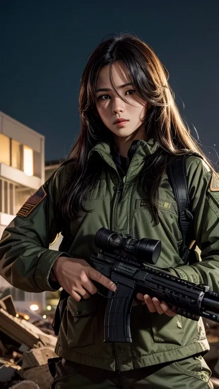 high quality, high-resolution images, full hd、8k.a girl with long straight hair、he is wearing a us military uniform and a helmet...