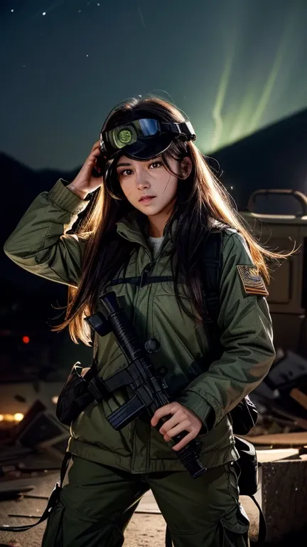 high quality, high-resolution images, full hd、8k.a girl with long straight hair、he is wearing a us military uniform and a helmet...