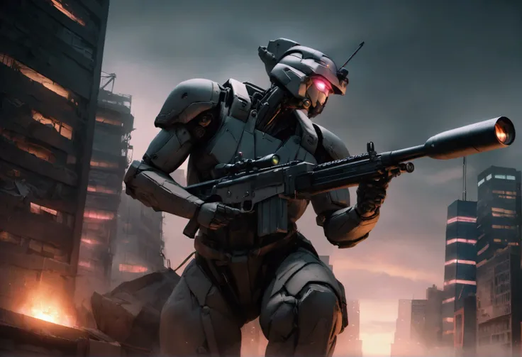 A sniper in high-tech combat suit,highly detailed cyborg soldier,huge laser sniper rifle,aiming at evil alien mecha,damaged office building,roof top,twilight in neo tokyo,cinematic composition,dramatic lighting,cyberpunk,neon city,moody atmosphere,photorea...