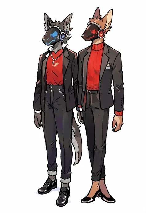 dark chestnut brown furry protogen furry with a fiery red sweater, elegant black dress pants, black shoes, elegant black jacket ...