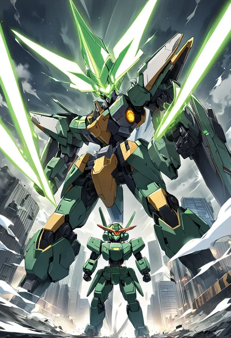 A Gundam-style robot with a green accent、He is fighting an enemy robot with a beam saber.、The green robot has a sharp angular design.、Features glowing eyes and mechanical details、In the background is a ruined cityscape.、The lights and smoke of battle rise、...