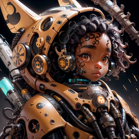 cute brown skinned kid with freckles, wearing cute animal mecha, holding pod, black curly hair, detailed facial features, beauti...