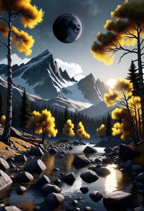 a beautiful dark moody environment with trees, floating rocks, mountains, black moon and yellow sun in the sky, 32k, ultra hd, u...