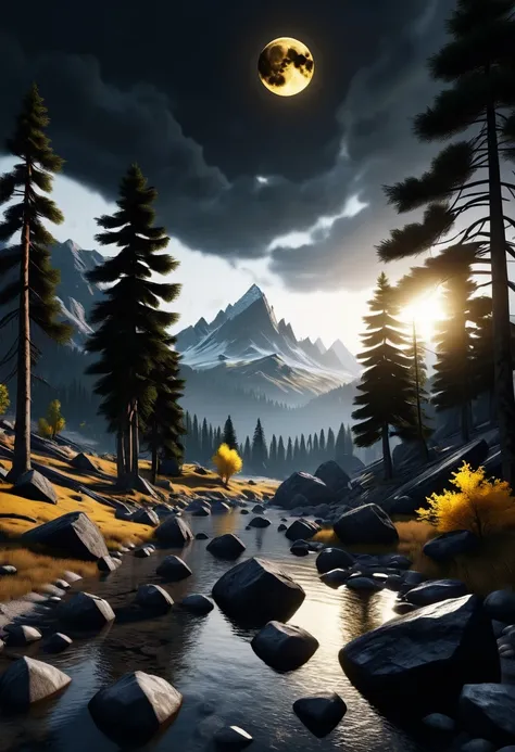 a beautiful dark moody environment with trees, floating rocks, mountains, black moon and yellow sun in the sky, 32k, ultra hd, u...