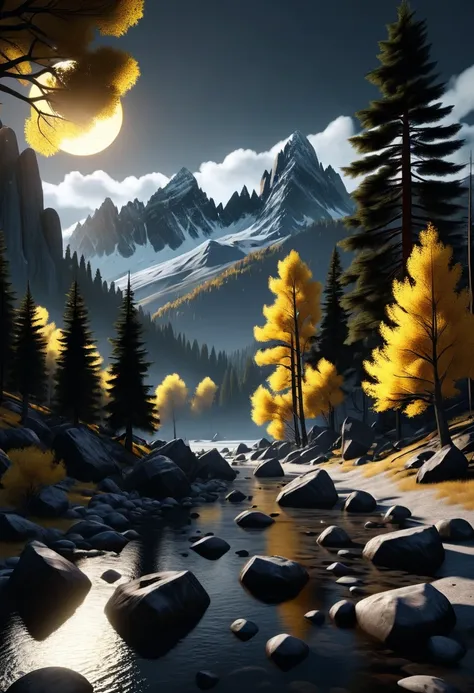 a beautiful dark moody environment with trees, floating rocks, mountains, black moon and yellow sun in the sky, 32k, ultra hd, u...