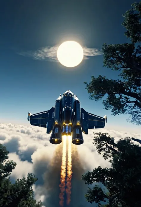 backside view shot of a spaceship flying through the clouds, above the trees, dark moon and yellow sun in the skies, blue flame ...