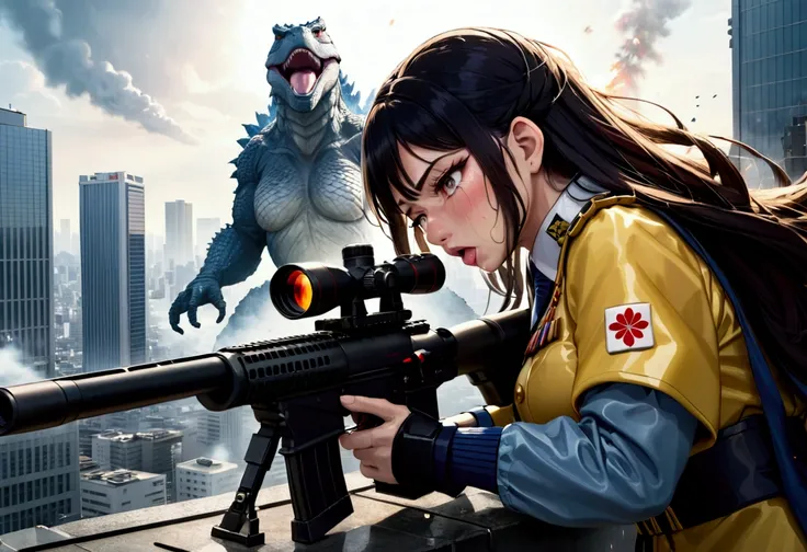 A woman in japanese MONARCH uniform is on a damaged skyscraper, she is crying and aiming a huge sniper rifle at Godzilla, Tokyo