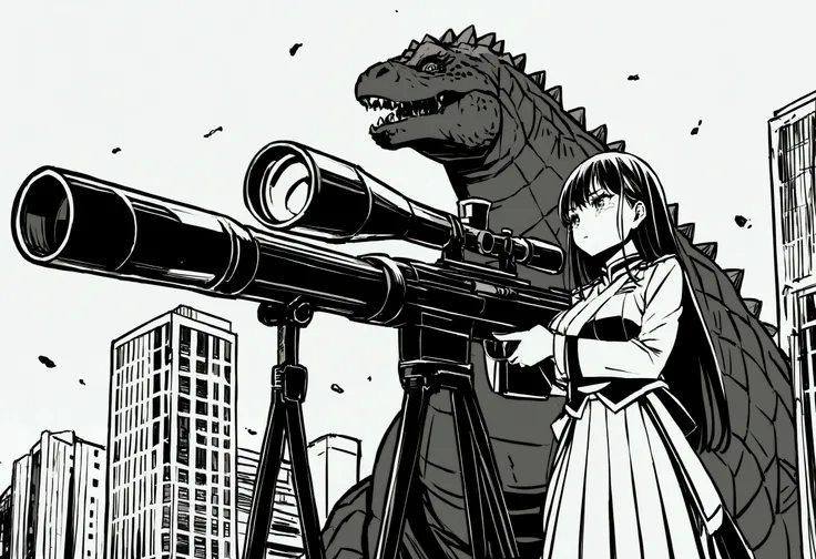 A woman in japanese MONARCH uniform is on a damaged skyscraper, she is crying and aiming a huge sniper rifle at Godzilla, Tokyo
