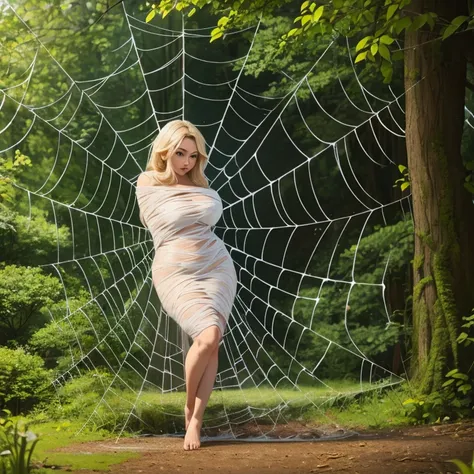 beautiful fairy in fishnets,bound, spider web, cocoon,spider web, barefoot, full body