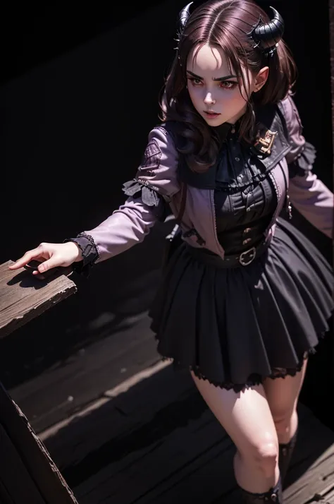 a demonic succubus woman with purple wings and tail, brown hair, golden eyes, thin purple horns, wearing a white dress with a leather jacket, fine facial features and almond-shaped eyes, (best quality,4k,8k,highres,masterpiece:1.2),ultra-detailed,(realisti...