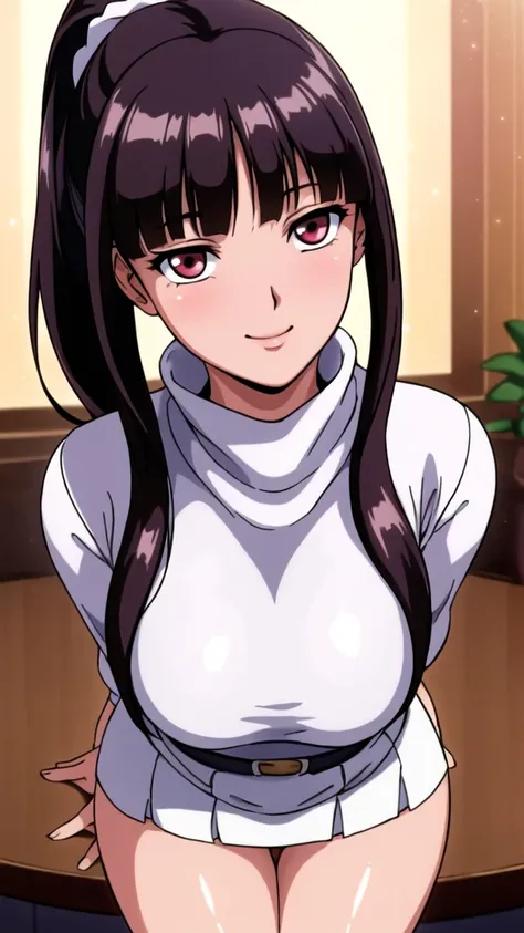 white turtleneck, black pencil skirt, suspender, white long skirt,white belt,hair ornament, hair scrunchie,low ponytail,
long hair,bangs, black hair, blunt bangs,big red eyes,alone, 1 girl,Young female, 18 years old, very cute, smile, Beautiful Finger,Beau...