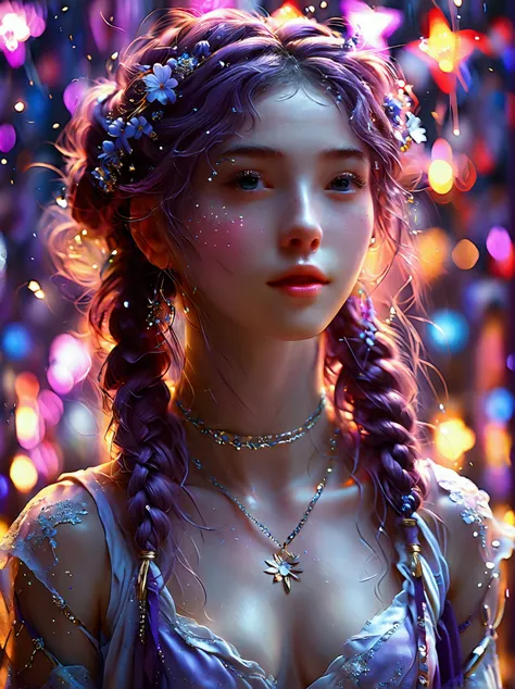 Best quality，8k，high resolution，masterpiece，Ultra Detailed，lifelike，Photorealism，A beautiful Korean girl，45度斜侧着Looking up，Red hair with two braids，戴着Purple的月亮发夹，穿着Purple的的吊带衫，(穿着Purple牛仔裤:1.5)，(脚上穿着Purple高跟鞋，Black thin socks:1.5)，There are doodle moon and ...