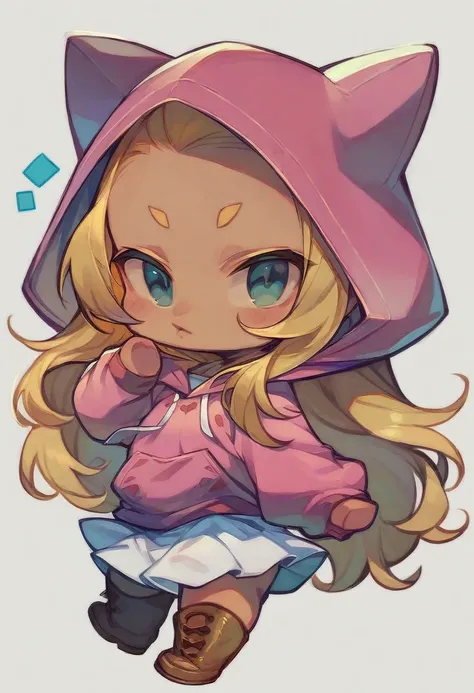 (((chibi:1.2))), girl, cute expression, high quality, blonde long hair, showing forehead,she wears a pink hoodie and white skirt, brown boots, white background, very cute, dynamic pose
