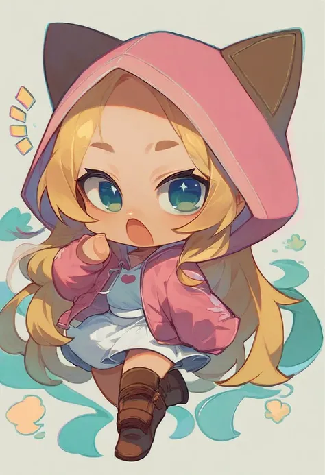 (((chibi:1.2))), girl, cute expression, high quality, blonde long hair, showing forehead,she wears a pink hoodie and white skirt, brown boots, white background, very cute, dynamic pose
