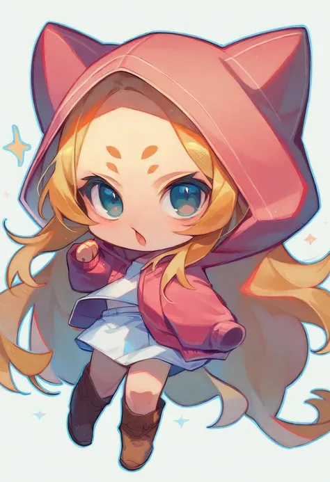 (((chibi:1.2))), girl, cute expression, high quality, blonde long hair, showing forehead,she wears a pink hoodie and white skirt, brown boots, white background, very cute, dynamic pose
