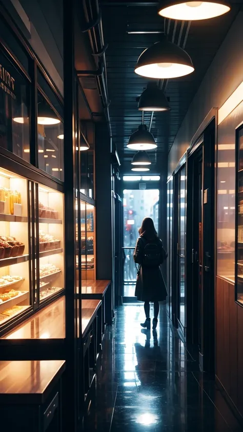 rain,Inside the cafe,A broader perspective,Chic cityscape,busy,mysterious,warm color,明るい