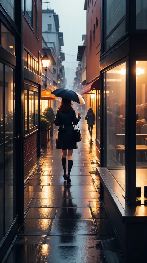 rain,inside the cafe,a broader perspective,chic cityscape,busy,mysterious,warm color,明るい