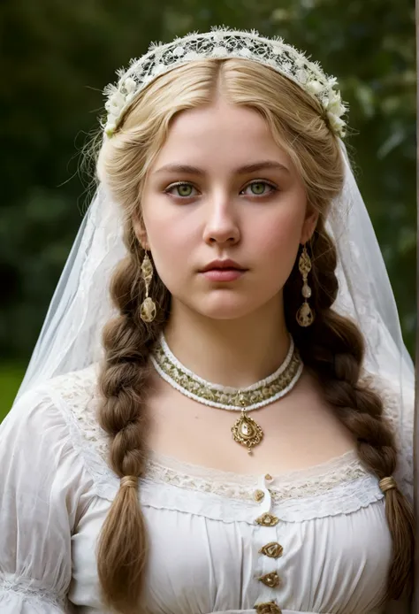 Beautiful chubby blonde woman olive green eyes, white skin of English and Apache descent with a maiden&#39;s attire in a humble manner in the Victorian era 