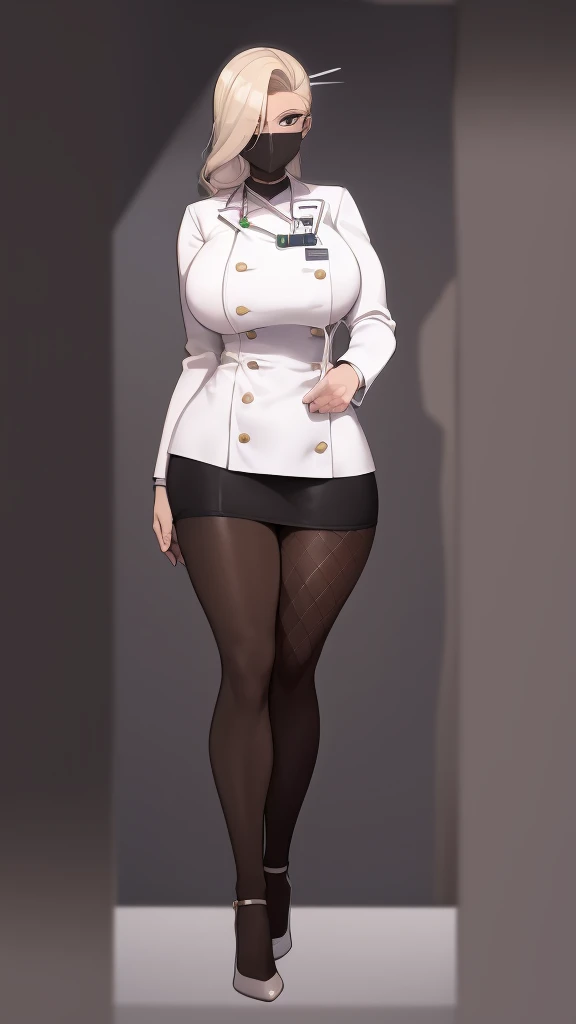 A highly detailed drawing of a woman in a doctor’s uniform. She is wearing a white doctors coat, a high-neck sweater, a stethoscope around her neck, a short black skirt, fishnet stockings, and high heels. The woman is 30 years old with a curvaceous body, e...