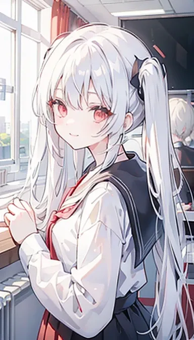 White hair, twin tails, red eyes, girl, smile, classroom