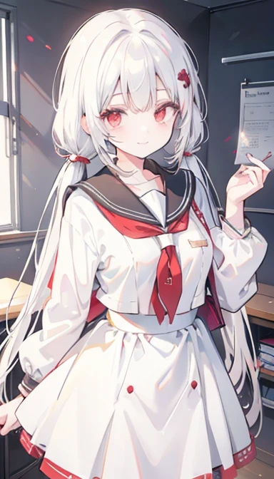 White hair, twin tails, red eyes, girl, smile, classroom