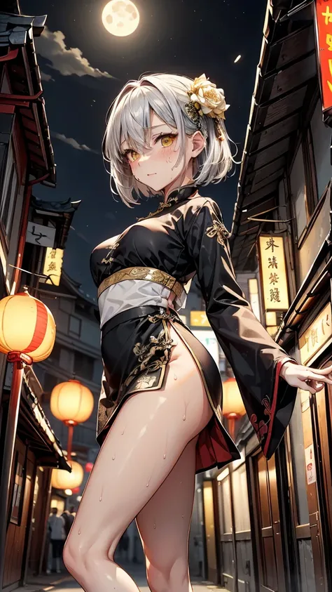 young girl 16 years old, short silver bob hair, hair flower, sharp bangs between the eyes, yellow  eyes, eyes large, confident looking. ((traditional chinese imperial clothes black with gold details,)) ((red skirt)) black thigh high socks. empowered pose, ...