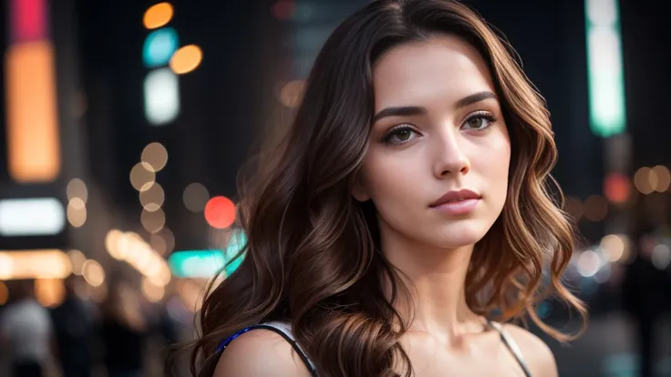 Full face portrait photo of a 25-year-old European girl, RAW, beautiful woman, semi-open strawberry lips, dimples, wistful look, (extra long wavy brown hair), ((detailed face)), ((detailed facial features)), (finely detailed skin), pale skin, (deep necklin...