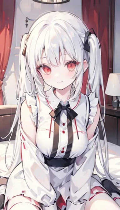 White hair, twin tails, red eyes, girl, smile, bed