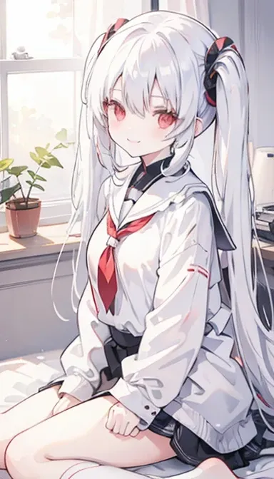 White hair, twin tails, red eyes, girl, smile, bed