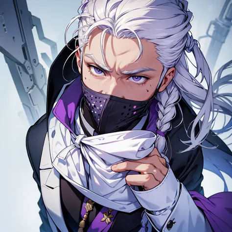 Create a man with the following characteristics: He is in a fairly elegant suit.,white hair tied in a braid wearing a white full face mask with purple spots