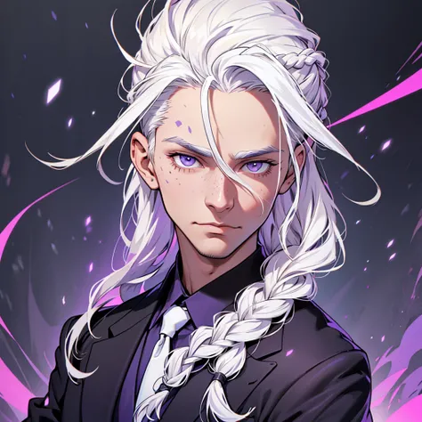 Create a man with the following characteristics: He is in a fairly elegant suit.,white hair tied in a braid wearing a white full face mask with purple spots