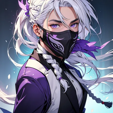 Create a man with the following characteristics: He is in a fairly elegant suit.,white hair tied in a braid wearing a white full face mask with purple spots