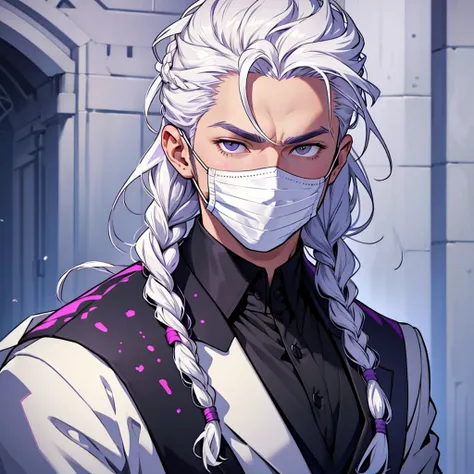 Create a man with the following characteristics: He is in a fairly elegant suit.,white hair tied in a braid wearing a white full face mask with purple spots