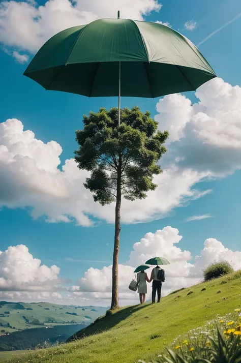 Create a image of a beautiful green land with some fluffy clouds and a couple holding umbrella 