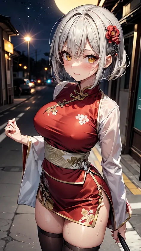 young girl 16 years old, short silver bob hair, hair flower, sharp bangs between the eyes, yellow  eyes, eyes large, confident looking. ((traditional chinese imperial clothes black with gold details,)) ((red skirt)) black thigh high socks. empowered pose, ...