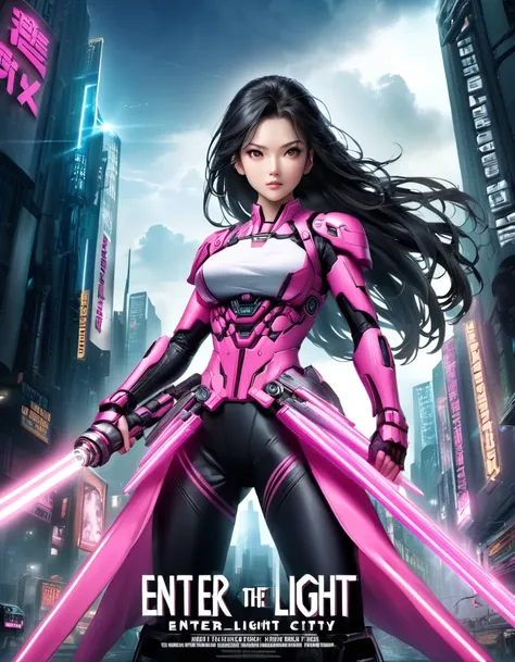 ultra realistic, hollywood blockbuster (movie poster:1.2), (title logo “ENTER THE LIGHT CITY”:1.2), cyberpunk city background, cyber samurai girl, black hair, long hair, hold light saber, pink cyber samurai armor, (action pose),