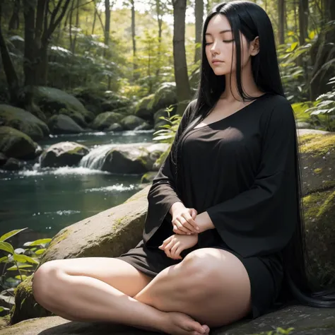 A woman with long black hair sitting cross-legged, meditating with her eyes closed, looking serene and focused. She has a beautiful face, is in a relaxed, peaceful pose, and the background is black.