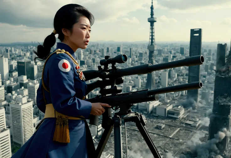 A woman in japanese MONARCH uniform is on a damaged skyscraper, she is crying and aiming a huge sniper rifle at Godzilla, Tokyo
