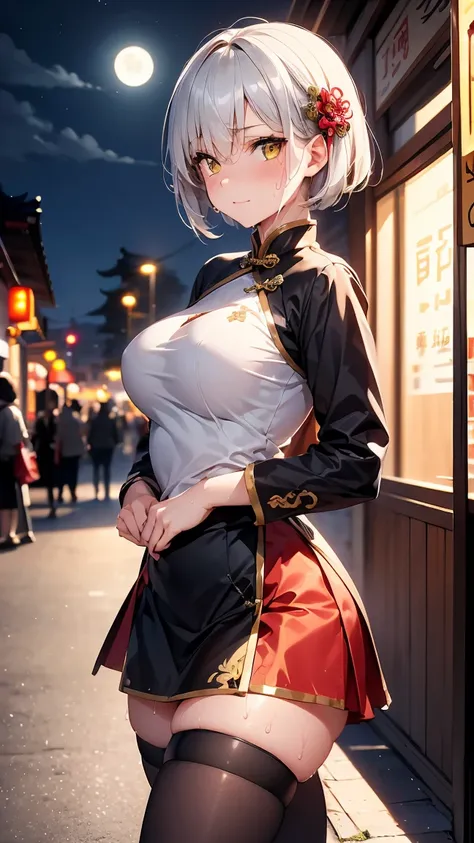 young girl 16 years old, short silver bob hair, hair flower, sharp bangs between the eyes, yellow  eyes, eyes large, confident looking. ((traditional chinese imperial clothes black with gold details,)) ((red skirt)) black thigh high socks. empowered pose, ...