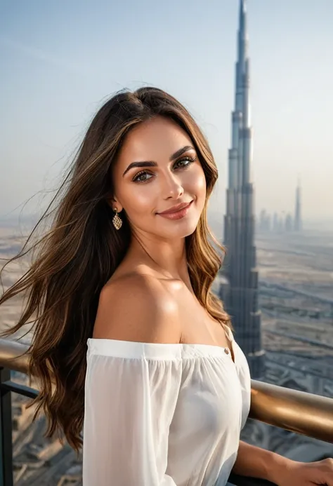 Beautiful brunette digital influencer and model, long wavy brown hair, ((arched eyebrows with natural texture)), (((confident and elegant pose, supported on the balustrade, subtle smile for the camera))). from front view (((on the terrace of the At restaur...